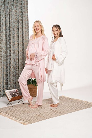 Lohussa Women's Powder Lace Detailed Winter Special Design Maternity Pajama Set