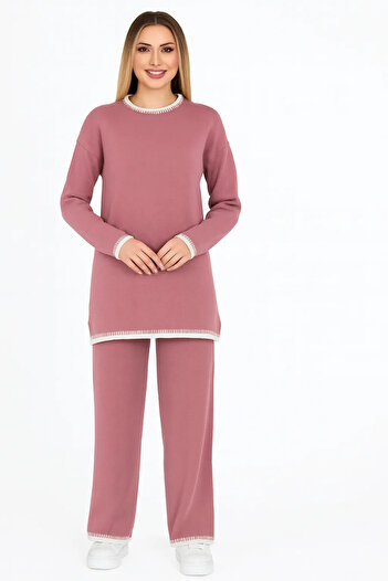 Home 1032 - Crew Neck Knitwear Set with Sleeve and Collar Motif Embellishments