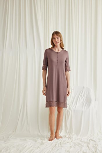 MONAMİSE Women'S, Lace Detailed Short Sleeved and Buttoned Front, Brown Nightgown