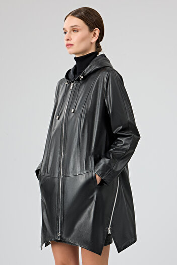 Derimod Daniela Women's Black Hooded Oversize Leather Coat 25Wge53281M