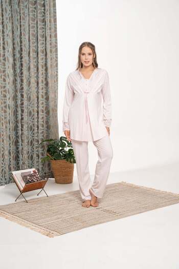 Lohussa Women's Powder Shawl Collar Lace Detailed Winter Special Design Maternity Postpartum Dressing Gown Pajama Set