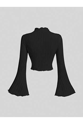 Wild Flower Black Ribbed Knit Blouse Long Sleeve, Flared Sleeve, High Neck Crop Top
