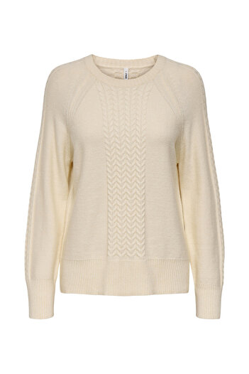 ONLY O Neck Comfortable Knitted Patterned Cream Sweater Women Onlkatia Ls Cabel Ls O-Neck Cc Knt