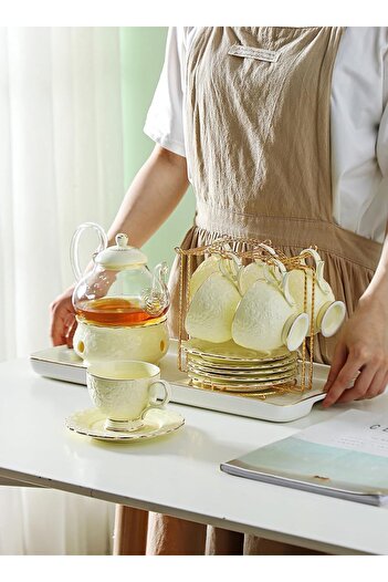 sharpdo Rose Tea Set Phnom Penh with 6 Cups and 6 Saucers from Yellow Glaze