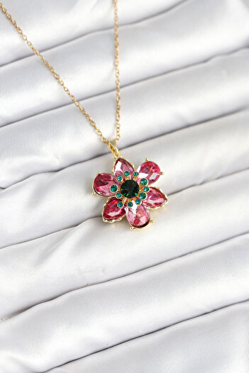 norsary Pink Flower Model Women's Necklace with 316L Steel Chain