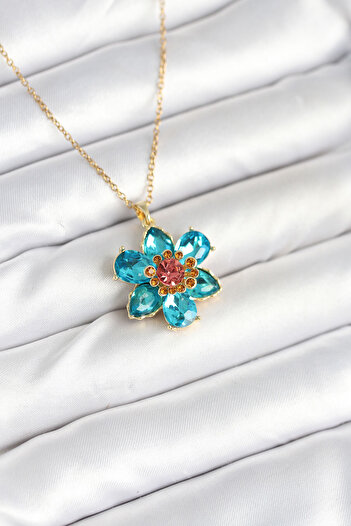 norsary Blue Flower Model Women's Necklace with 316L Steel Chain