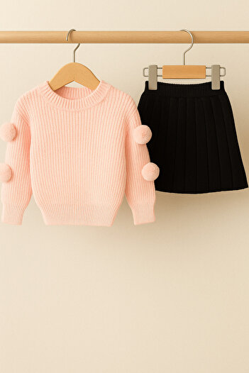 Nimini Kids New Season Flexible Crew Neck Pompom Sweater and Knitwear Pleated Detailed Skirt Top and Bottom Set (2-8 Years Old)