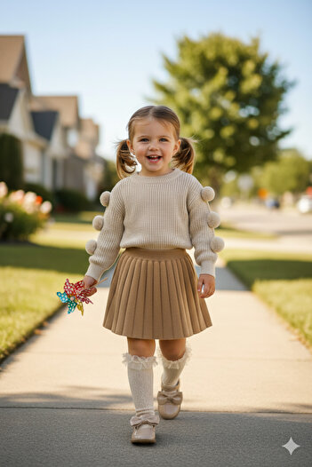 Nimini Kids New Season Flexible Crew Neck Pompom Sweater and Knitwear Pleated Detailed Skirt Top and Bottom Set (2-8 Years Old)