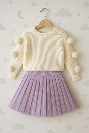 Nimini Kids New Season Flexible Crew Neck Pompom Sweater and Knitwear Pleated Detailed Skirt Top and Bottom Set (2-8 Years Old)