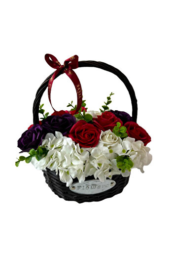 velve Floral arrangement with soap roses and other accessories in a woven basket, Model 2, Red-purple