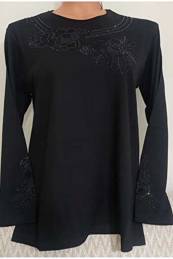 Anne Er Clothing Winter Evening Dress Combed Cotton Blouse Long Sleeve Embroidered and Beaded Crew Neck Black