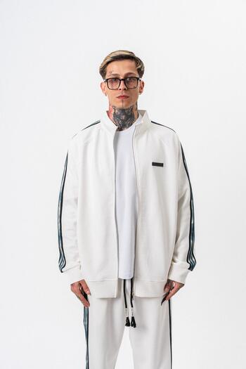 Respire Men's Dark Striped Detail Stand Collar Doubleface Zip Oversize Sweatshirt Ecru