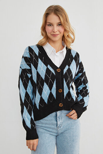 Fulla Moda Diamond Patterned Buttoned Knitwear Cardigan