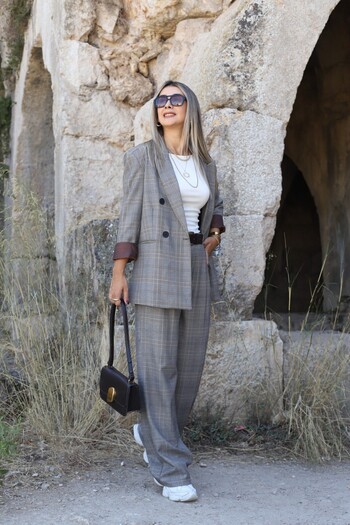 bytugcekaya Mink Brown Plaid Pants Jacket Set