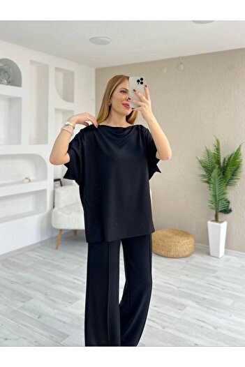 goopall Women's Short Sleeve Boat Neck Stitching Detail Viscose Two Thread Blouse and Trousers Double Suit