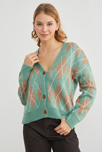 Fulla Moda Diamond Patterned Buttoned Knitwear Cardigan