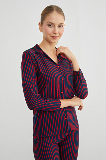 Fulla Moda Çizgili Gömlek Yaka Süet Pijama Takımı