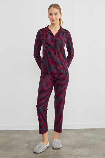 Fulla Moda Çizgili Gömlek Yaka Süet Pijama Takımı