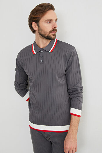 Fulla Moda Striped Ribbed Polo Collar Knitwear Sweater