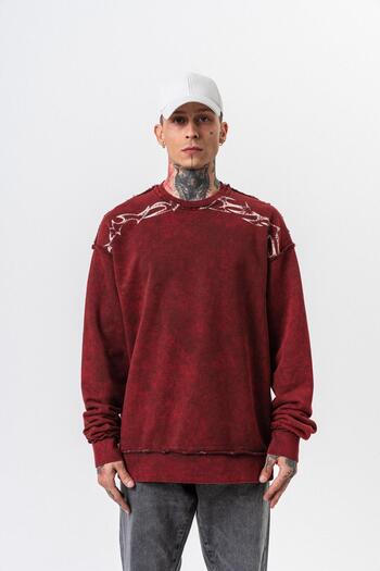 Respire Men's Origin Printed Washable Crew Neck Oversize Sweatshirt Burgundy