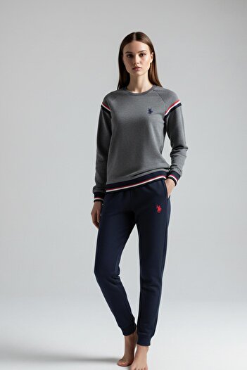 U.S. Polo Assn. Women's Anthracite Stripe Detailed Crew Neck Pajama Set C8T1N102