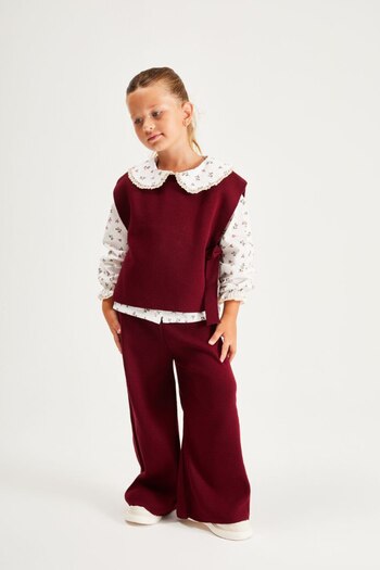 noliva bebek ve çocuk Stylish Girls' Set – Knit Vest Pants and Floral Pattern Shirt