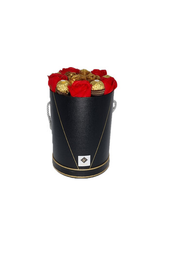 velve Desire floral arrangement in tall box with 9 red and gold roses and Pralines, black+red