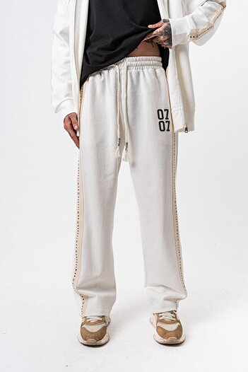 Respire Men's 7 Stripe Detailed Winter Doubleface Baggy Sweatpants Ecru