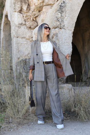 bytugcekaya Mink Brown Plaid Pants Jacket Set