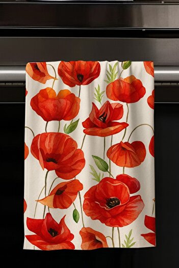 Else Dekor Red Poppy Patterned Decorative Washable Cotton Kitchen Oven Hand Towel