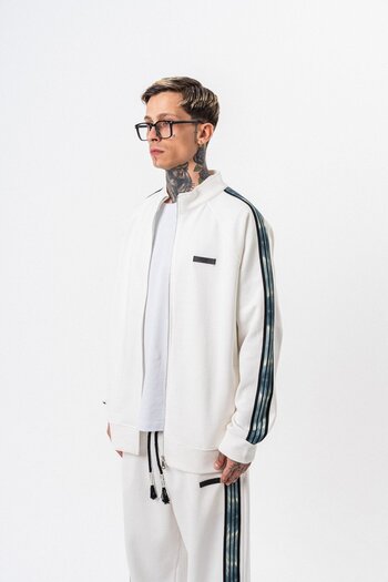 Respire Men's Dark Striped Detail Stand Collar Doubleface Zip Oversize Sweatshirt Ecru