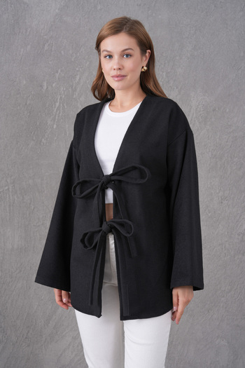Giyim Gezegeni Black Cashmere Kimono with Tie Front – Women's Oversized Stylish Autumn Winter New Season Jacket Tunic