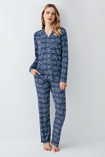 Arnetta Women's Indigo Shirt Collar Seasonal Pajama Set, 50% Modal 50% Cotton