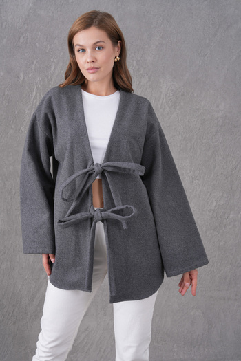 Giyim Gezegeni Gray Cashmere Kimono with Tie Front – Women's Oversized Stylish Autumn Winter New Season Jacket Tunic