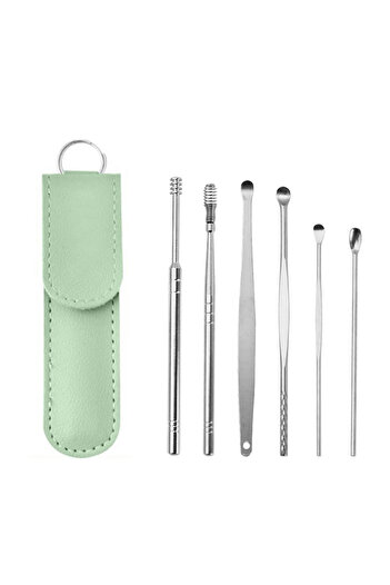 Choice6 Green A Ear Cleaning Tool Stainless Steel Ear Pick Kit &1Pc Storage Bag Earwax Remover Tool