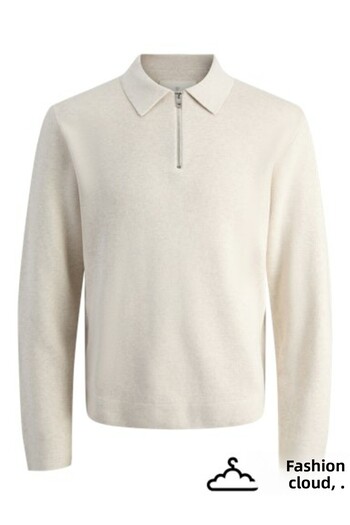 Jack & Jones Men's Beige Jprblamilano Stitch Knit Zip Polo Sweater & Cardigan 12281743-Clouddanc