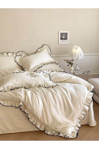 Ricco Lifes Ruffled Trim Overlocked Ecru Cotton Double Duvet Cover Set