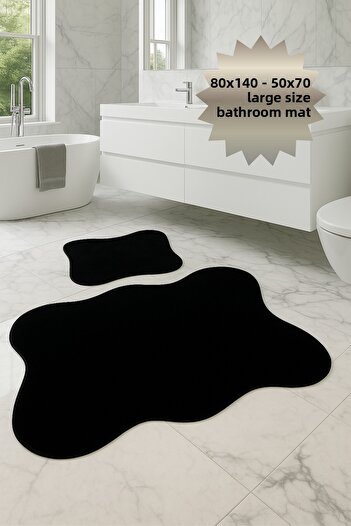 Bestekar Lina Black 80X140 - 50X70 Waterproof Leather Based Soft Surface Stain Resistant Bathroom Mat Set