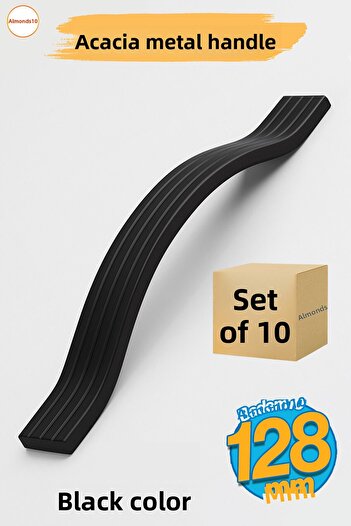 Badem10 Acacia Black Metal 128 mm Set of 10 Furniture Handle Striped Model Durable Long Lasting Modern Design