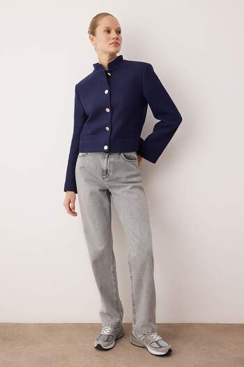 Trendyol Collection Navy Blue Stamped Button Woven Jacket Twoaw26Ce00074