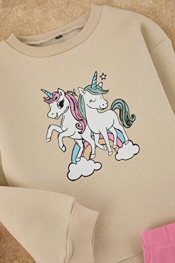 TRENDYOLKIDS Pink Printed Girl's Knitted Bottom - Top Set Tkdaw26Au00067