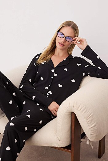 Trendyol Collection Μαύρο 100% βαμβακερό πλεκτό σετ πιτζάμες THMAW21PT0548