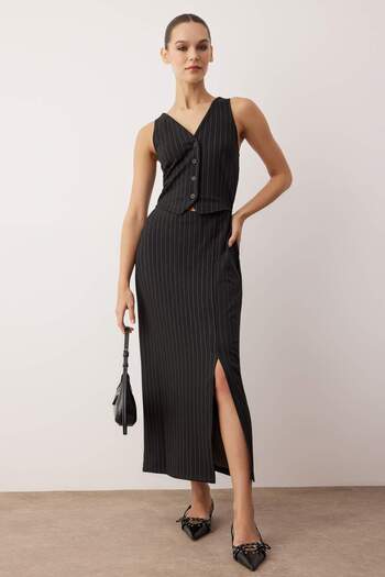 Trendyol Collection Black Striped Button Detail V-Neck Stretchy Bodycon Midi Knitted Dress Twoaw26El00288