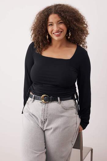 Trendyol Curve Black Square Neckline Side Shirred Knitted Plus Size Blouse Tbbaw25Af00041