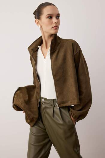 Trendyol Collection Khaki Straight Zipper Unlined Regular/Normal Fit Knitted Suede Jacket Twoaw26Ce00011