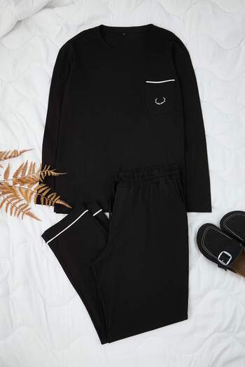 Trendyol Collection Black Large Size Embroidered Pocket Detail Knitted Pajamas Set Tmnaw26Ai00003