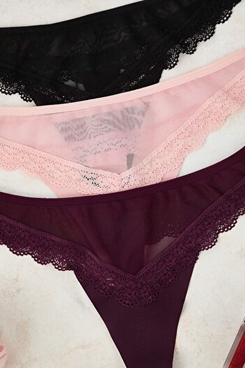 Trendyol Collection Chiloți tanga cu imprimeu din tul, roz-multicolor, 3 piese THMAW26KU00040