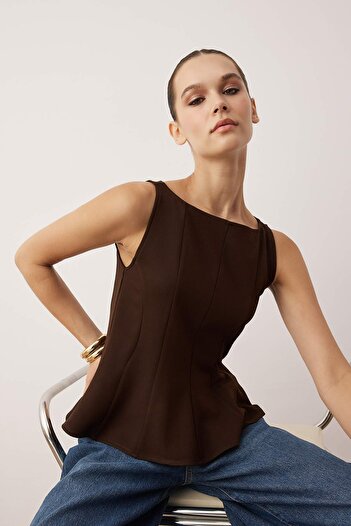 Trendyol Collection Brown Peplum/Fitted Waist Boat Neck Stretchy Knitted Blouse Twoaw26Bz00229