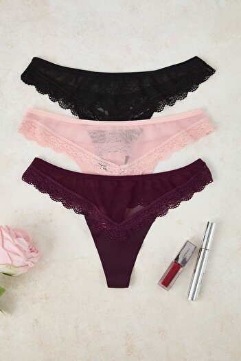 Trendyol Collection Chiloți tanga cu imprimeu din tul, roz-multicolor, 3 piese THMAW26KU00040