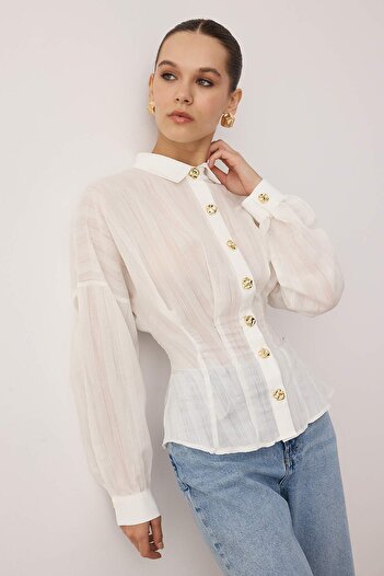 Trendyol Collection White Gold Button Detailed Lightweight Transparent Fitted Shirt Twoaw26Go00104